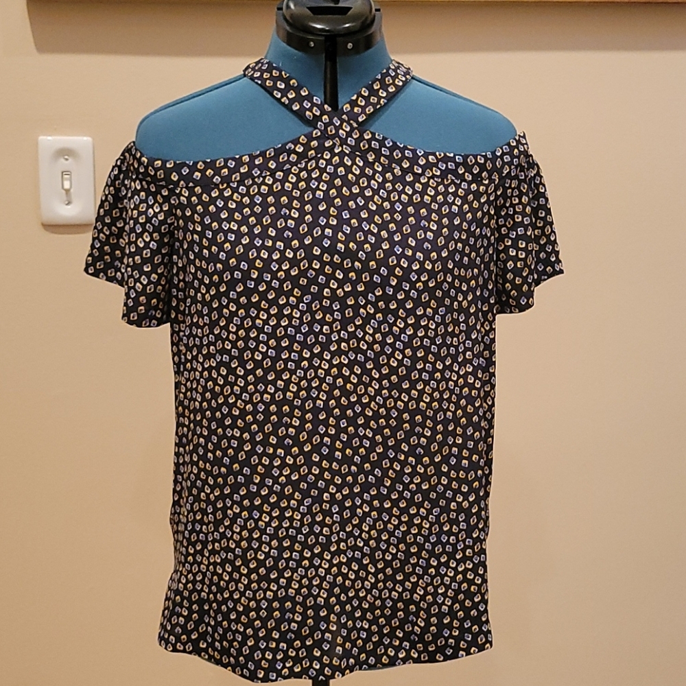 Loft, SM, Navy blue with yellow and blue patterns.